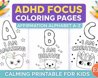 Páginas para colorir com o alfabeto e afirmações sobre TDAH para crianças | Foco em neurodivergências (download digital)