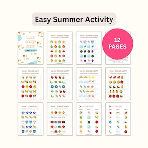 May include: A set of 12 pages of summer-themed activity sheets for children. The sheets feature colorful illustrations and patterns, including fruits, insects, and beach items. The title "Easy Summer Activity" is displayed at the top.