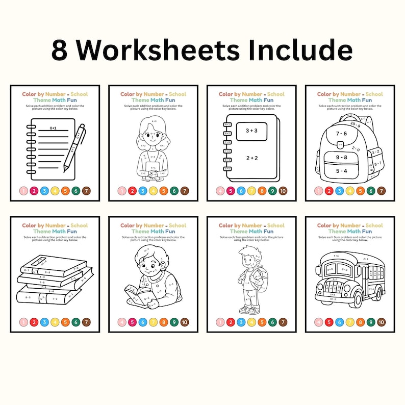 Back to School Color by Number Math Worksheets | Addition Subtraction ...