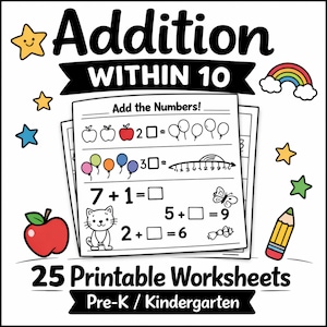 Puede incluir: Un conjunto de 25 hojas de trabajo imprimibles para preescolar y jardín de infancia. Las hojas de trabajo presentan problemas de suma dentro de 10, con ilustraciones coloridas de manzanas, globos y un gato. El título es "Suma dentro de 10".