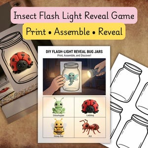 Op de afbeelding: Een Insecten Zaklamp Onthulspel set met printbare vellen met lijntekeningen van potten en kleurrijke insectenillustraties waaronder een sprinkhaan, lieveheersbeestje, honingbij en mier, met instructies om te printen, monteren en onthullen.
