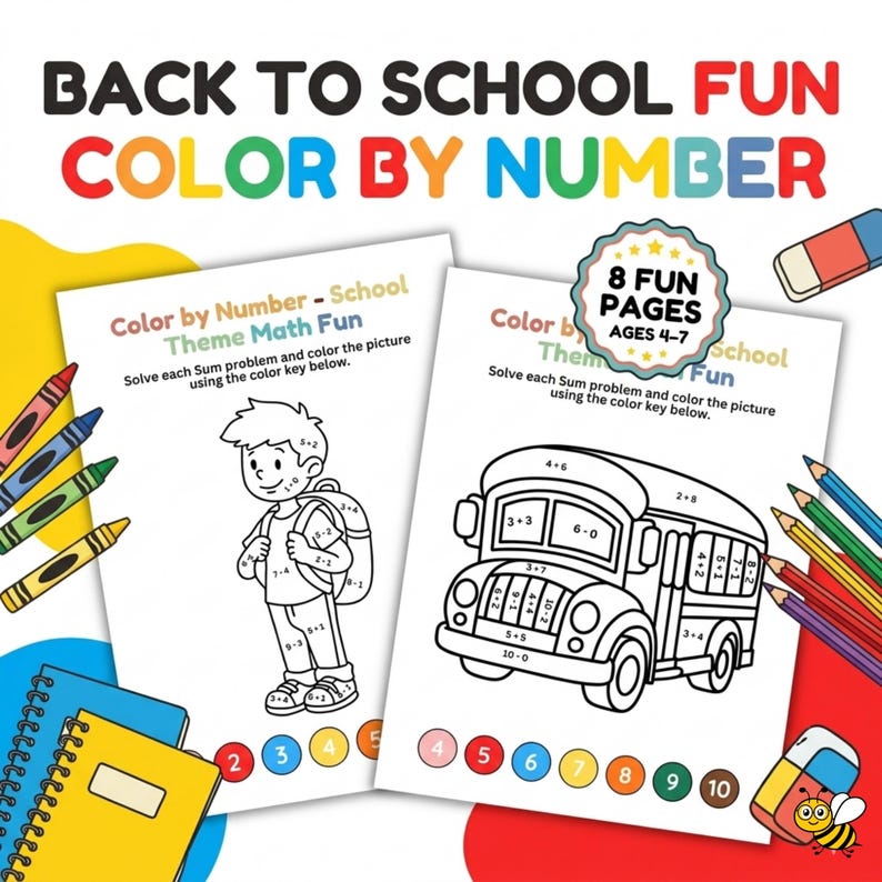 Back to School Color by Number Math Worksheets | Addition Subtraction ...