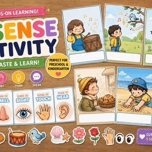 Pode incluir: Um conjunto educativo 5 Sense Activity com cartões ilustrados de crianças, ícones dos sentidos para paladar, olfato, visão, tato e audição, e imagens recortáveis de um tambor, pássaro, gelado, pão, flor, concha e uma mão para combinar.