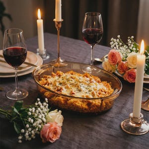 May include: A romantic dinner setting with a glass baking dish filled with baked pasta, two wine glasses filled with red wine, lit candles, and a bouquet of roses. The table is covered with a gray tablecloth.