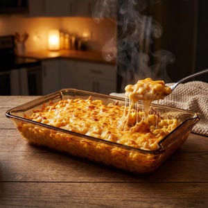 May include: A rectangular glass baking dish filled with golden-brown macaroni and cheese. Steam rises from the dish and a spoonful of the cheesy pasta is being lifted from the dish. The dish sits on a wooden surface.