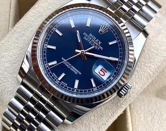 Reloj Rolex Datejust 36 vintage con esfera azul efecto rayos de sol, bisel estriado de oro blanco de 18k y brazalete Jubilee. Reloj de acero inoxidable. Reloj de lujo suizo para hombre.
