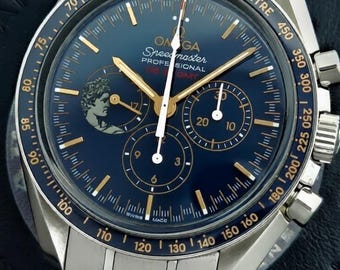 Vintage Omega Speedmaster Moonwatch 45th Anniversary Blue & 18k Gold Apollo 11 Limited Edition 42mm Professional Chronograph Swiss Watch