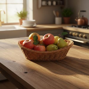 Peut inclure: Un panier en osier rempli de pommes, de poires et d'une orange est posé sur une table en bois. Le panier de fruits se trouve dans une cuisine, avec une fenêtre et des appareils en arrière-plan. Le panier est brun et les fruits sont rouges, verts et oranges.