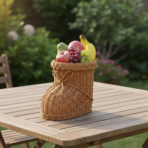 May include: A woven wicker basket shaped like a boot, filled with fresh fruit. The basket contains red apples, green grapes, red grapes, a green pear, and a yellow banana. The basket is sitting on a wooden table outdoors.