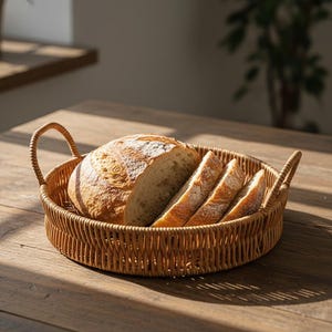 Peut inclure: Un panier à pain rond en osier tressé avec deux poignées, rempli d'une miche de pain partiellement tranchée et de plusieurs tranches. Le pain a une croûte brun doré et un intérieur clair. Le panier est sur une table en bois.