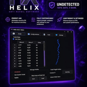 Op de afbeelding: Promotieafbeelding voor Helix anti-recoil software, met een donkerpaars en blauw kleurenschema. De software-interface wordt weergegeven, samen met tekst die functies benadrukt zoals perfect richten, volledige aanpasbaarheid en niet-gedetecteerd zijn.