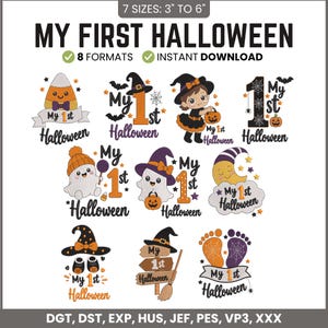 Peut inclure: Une collection de neuf motifs de broderie numérique avec le texte My First Halloween dans diverses polices et styles. Les graphiques incluent des bonbons, des fantômes, des sorcières, des citrouilles, des lunes et des empreintes en orange, noir et violet.