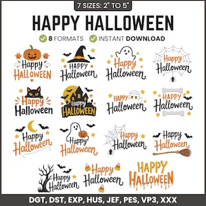 Könnte beinhalten: Eine digitale Sammlung von sechzehn Happy Halloween Stickmustern mit Kürbissen, Geistern, Fledermäusen, Hexenhüten, Spinnen, Netzen, Knochen, Zuckermais und Spukhäusern. Der Text 7 SIZES: 5 cm TO 13 cm und 8 FORMATS: DGT, DST, EXP, HUS, JEF, PES, VP3, XXX ist abgebildet.