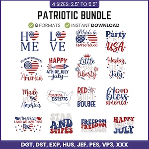 May include: A patriotic bundle graphic design with various text designs in red, white, and blue. The designs include phrases like "Home", "Love", "Made in America", and "Happy 4th of July". The image also includes the text "Patriotic Bundle" and "Instant Download".