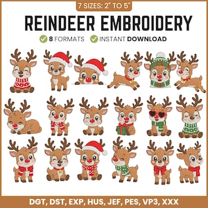 Puede incluir: Una colección digital de diecisiete diseños de bordado de renos en varias poses, algunos con bufandas, gorros y suéteres rojos o verdes. El texto dice 7 SIZES: 2" TO 5", REINDEER EMBROIDERY, 8 FORMATS, INSTANT DOWNLOAD, DGT, DST, EXP, HUS, JEF, PES, VP3, XXX.