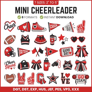 Mini Cheerleading-ikonbroderipaket, Cheerleader-pompomer och megafonbroderi, design för idrottsskolor, direktnedladdning