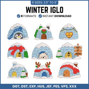 May include: A digital embroidery design set titled WINTER IGLO featuring nine unique igloo illustrations in 6 sizes from 2.5" to 5". The designs include igloos with a penguin, a polar bear, a reindeer, wreaths, lanterns, and a sign reading LET IT SNOW.