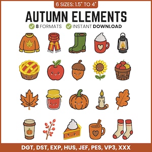Puede incluir: Un conjunto de diseños de bordado digital titulado Autumn Elements con 20 iconos que incluyen un suéter, bufanda, botas, taza, linterna, pastel, manzana, bellota, girasol, cesta, hoja, tarro, calabaza, vela, café, rama y calcetines en tamaños de 3,8 a 10,2 cm.