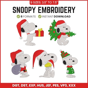 May include: Snoopy embroidery digital file set featuring five holiday designs. Text includes SNOOPY EMBROIDERY, 9 SIZES: 3.5" TO 7.5", 8 FORMATS, INSTANT DOWNLOAD, and file types DGT, DST, EXP, HUS, JEF, PES, VP3, XXX. Characters wear Santa hats.