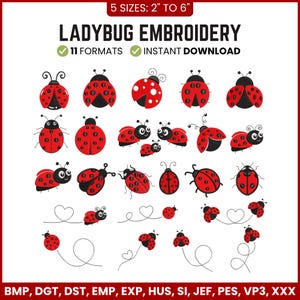Op de afbeelding: Een verzameling rode en zwarte borduurontwerpen van lieveheersbeestjes. De afbeelding bevat de tekst "LADYBUG EMBROIDERY" en "5 MATEN: 5 cm tot 15 cm", met 11 formaten direct te downloaden.