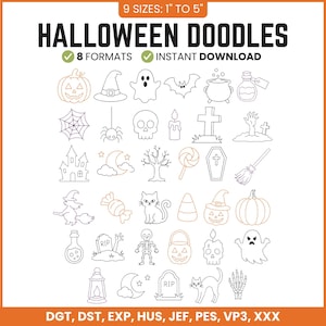 Könnte beinhalten: Eine digitale Sammlung von Halloween-Doodles mit Strichzeichnungen von Kürbissen, Geistern, Fledermäusen, Totenköpfen, Katzen und Grabsteinen. Der Text lautet 9 SIZES: 1" TO 5", HALLOWEEN DOODLES, 8 FORMATS, INSTANT DOWNLOAD, DGT, DST, EXP, HUS, JEF, PES, VP3, XXX.