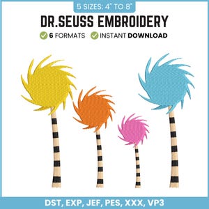 May include: A selection of colourful Dr. Seuss embroidery designs depicting stylized trees in yellow, orange, pink, and blue. The designs are available in 5 sizes, ranging from 10.16 cm to 20.32 cm. The image includes the text "DR. SEUSS EMBROIDERY" and "INSTANT DOWNLOAD".