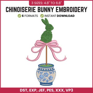 Diseño de bordado de conejito de Pascua chinoiserie, conejo topiario verde en maceta azul y blanca, archivo digital de bordado a máquina con decoración primaveral.