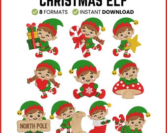 May include: A digital embroidery design set featuring nine Christmas elf illustrations in various poses with gifts, candy canes, stars, hearts, mushrooms, a North Pole sign, and stockings. Text includes 7 SIZES: 2" TO 5", CHRISTMAS ELF, 8 FORMATS, INSTANT DOWNLOAD.