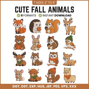 Autumn Mini Animals Embroidery Design Bundle, Fall Woodland Animals Pumpkin Leaf Machine Embroidery File, Cozy Digital File