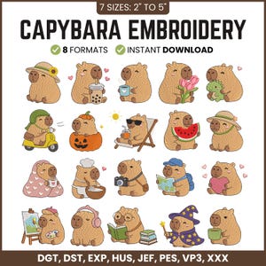 Könnte beinhalten: Eine digitale Sammlung von zwanzig Capybara-Stickmustern mit verschiedenen Aktivitäten wie Malen, Lesen und Trinken von Boba. Der Text lautet CAPYBARA EMBROIDERY, 7 SIZES: 2" TO 5", 8 FORMATS, INSTANT DOWNLOAD sowie DGT, DST, EXP, HUS, JEF, PES, VP3, XXX.