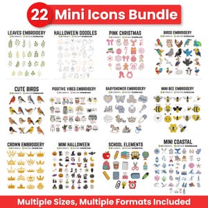 Op de afbeelding: Een digitale bundel van 22 mini-iconensets met diverse borduurontwerpen, waaronder bladeren, Halloween-doodles, roze kerstmotieven, vogels, positieve citaten, babyshower-items, bijen, kronen, schoolbenodigdheden en kustelementen.