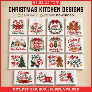 クリスマスキッチンティータオル刺繍デザイン、ヴィンテージフレーズ15選、ジンジャーブレッドサンタワードアート、ファームハウス食器セット、即時ダウンロード