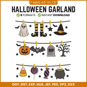 May include: Halloween garland embroidery design featuring three rows of icons including a ghost, witch legs, stars, a hat, pumpkin, bat, tombstone with RIP text, tree, candy corn, lollipop, wrapped candy, and cauldron, available in 7 sizes 4.5" to 7.5".