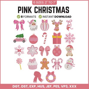 Puede incluir: Una colección de diseños de bordado digital titulada PINK CHRISTMAS, que presenta 20 iconos festivos en rosa y blanco, incluyendo lazos, Santa Claus, adornos, renos, un coche, copos de nieve, regalos, un oso de peluche, dulces, un cupcake y una corona.