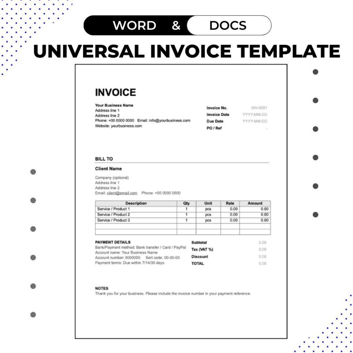 Editable Universal Invoice Template Professional (word & Google Docs ...