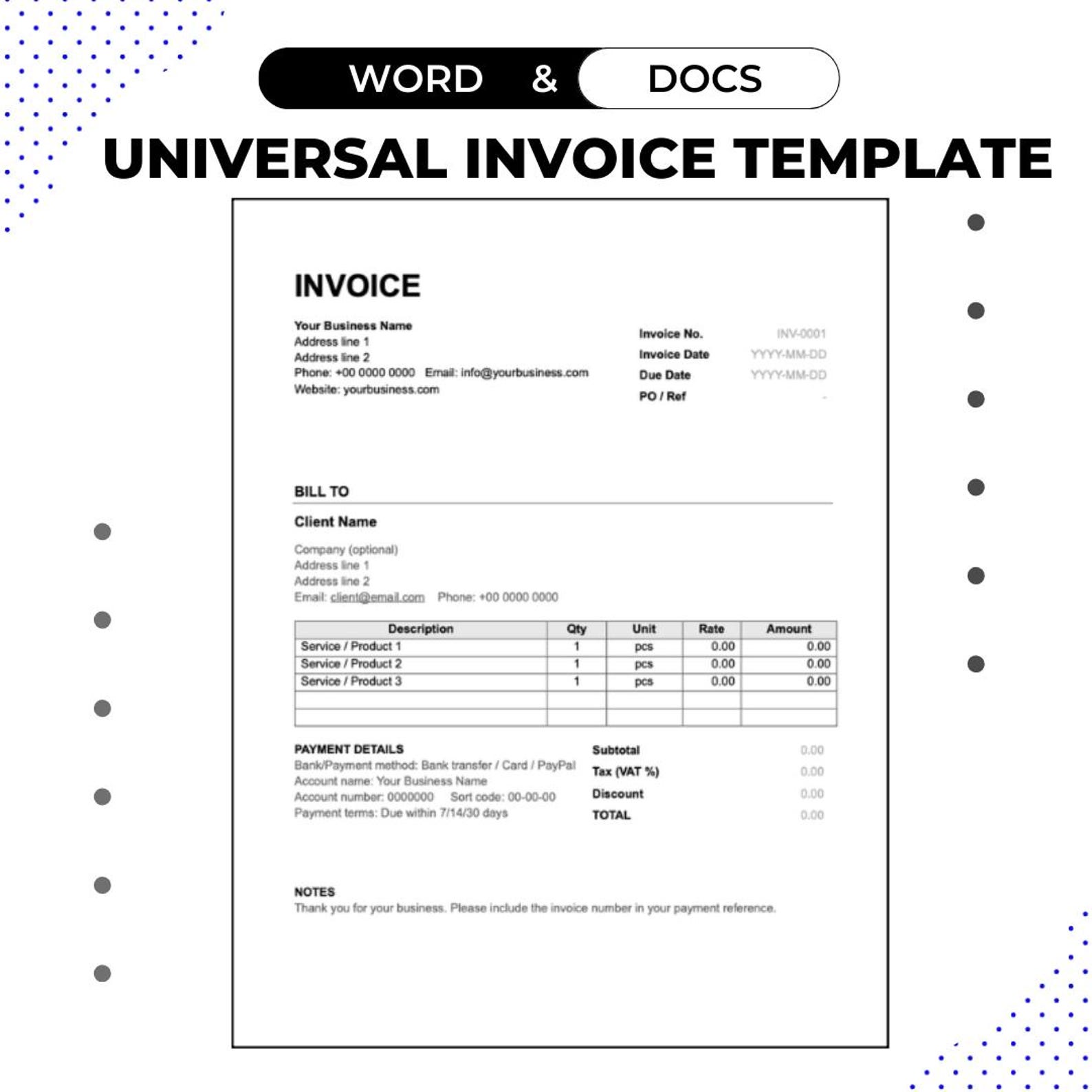 Universal Invoice Editable Universal Invoice Template Professional (word & Google Docs ...