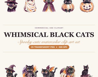 Pakiet clipartów „Czarne koty na Halloween”, 25 akwarelowych obrazów PNG, przezroczyste tło, kot-duszek czarownicy, do użytku komercyjnego, natychmiastowe pobranie