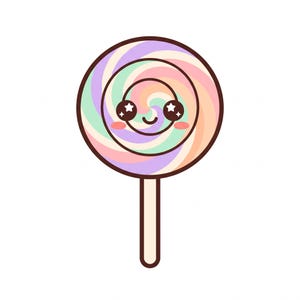 May include: A round lollipop featuring a pastel swirl pattern in shades of pink, purple, yellow, and green. The candy has a dark brown outline and a cartoon face with large, sparkling black eyes and pink cheeks on a white stick.