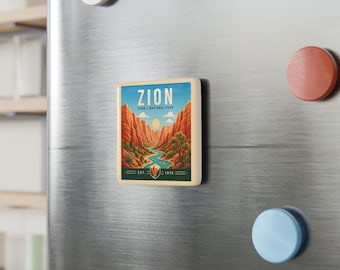 Zion National Park Square Porcelain Magnet, Vintage Canyon Art Souvenir, Utah Southwest Decor