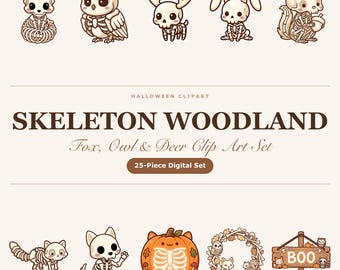 Szkielet leśny, lis kawaii, sowa, jeleń Halloween PNG (pobieranie cyfrowe)