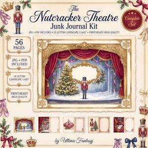 Peut inclure: Le kit de journal créatif The Nutcracker Theatre comprend 56 pages aux formats JPG et PDF, mesurant 27,94x21,59 cm. Le design présente une scène avec des rideaux rouges, un sapin de Noël et un casse-noisette, entouré de chaussons de danse.