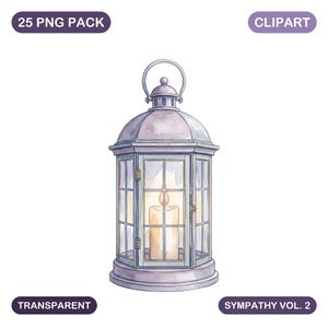 May include: A watercolor illustration of a hexagonal lantern with a light purple frame and a handle on top. Inside the glass-paned lantern, a single cream-colored candle glows with a warm yellow flame. The text 25 PNG PACK, CLIPART, TRANSPARENT, and SYMPATHY VOL. 2 is visible.