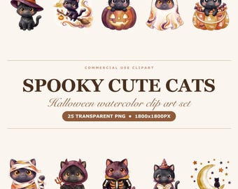 Zestaw clipartów „Straszny, słodki, czarny kot” na Halloween, 25 akwarelowych obrazów PNG, przezroczyste tło, kostium kota, do użytku komercyjnego, natychmiastowe pobranie