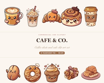 May include: A digital clipart set featuring cute, anthropomorphic cafe items including a coffee mug, iced drink, croissant, cinnamon roll, coffee cup, coffee bean, donut, cupcake, and pastries with the text CAFE & CO. Coffee shop and cafe clip art set.