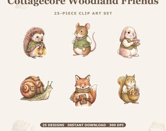 Clipart Cottagecore Woodland Friends, Zwierzęta z bajek PNG, Przezroczyste tło (Natychmiastowe pobranie)