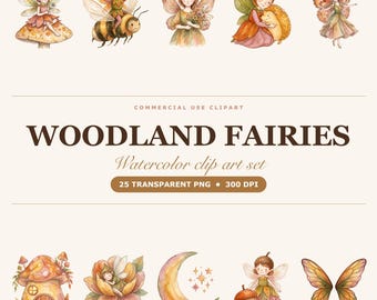 Pakiet akwarelowych clipartów z leśnymi wróżkami, las Fairycore PNG, przezroczyste tło (do użytku komercyjnego)