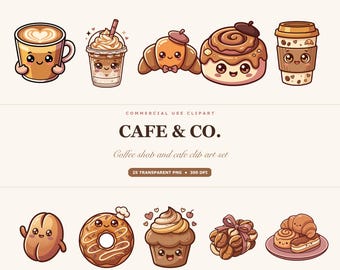 May include: A digital clip art set titled CAFE & CO. featuring various kawaii-style illustrations of coffee drinks, a croissant, a cinnamon roll, a coffee bean, a donut, a cupcake, and pastries, all with smiling faces and warm brown tones.