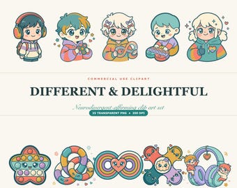 Zestaw clipartów Neurodivergent Affirming Kawaii, Fidget Sensory ADHD Autism PNG (natychmiastowe pobranie)