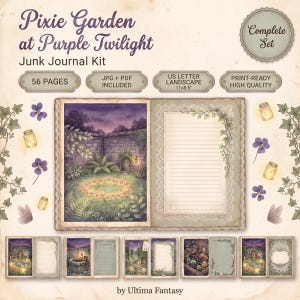 Puede incluir: Un kit de diario creativo Pixie Garden at Purple Twilight con 56 páginas en formatos JPG y PDF. El conjunto incluye hojas listas para imprimir con ilustraciones de muros de piedra, hiedra, frascos de vidrio y flores moradas.