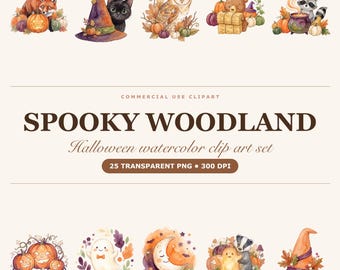Straszny leśny clipart akwarelowy, pakiet halloweenowych zwierząt leśnych w formacie PNG, przezroczyste tło (natychmiastowe pobranie)